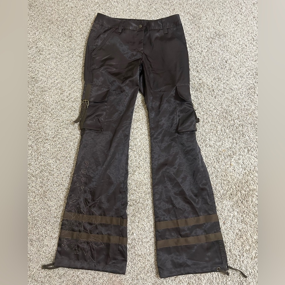 Y2K Express Women’s Brown Stitched Cargo Flared Pants Buckle Size 0 Tied Pocket